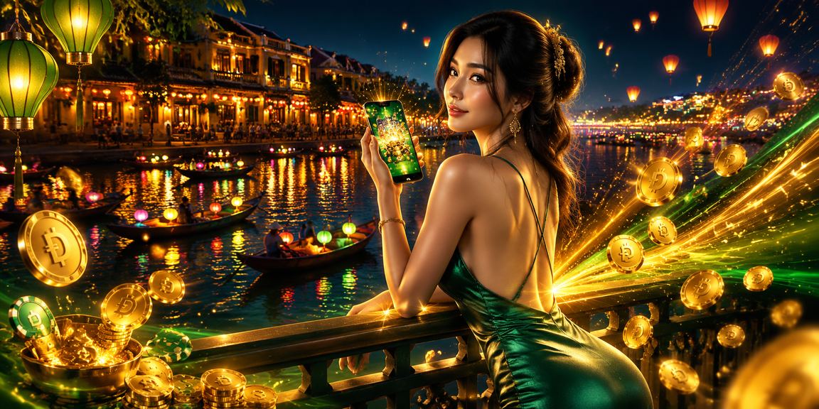 Người chơi Hội An thưởng thức slots trực tuyến buổi tối ánh đèn lồng
